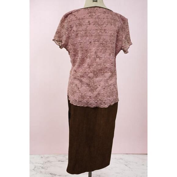 Dressbarn Pink Lace Peasant Top & Brown Midi Skirt Set XL Romantic Y2K Boho - Picture 6 of 14